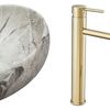 Set Countertop washbasin Linda stone + Bathroom faucet Lungo gold + Plug uniwersalny gold