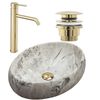 Set Countertop washbasin Linda stone + Bathroom faucet Lungo gold + Plug uniwersalny gold
