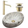 Set Lavabo sobre encimera Linda stone + Grifo de baño Lungo gold + Tapón gold