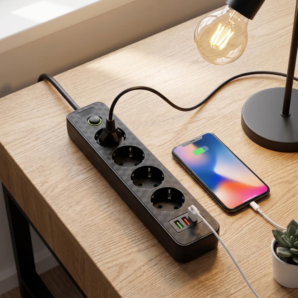 Listwa zasilająca Przedłużacz 4 gniazda + 2x USB-A + USB-C JNH021-4A Czarny