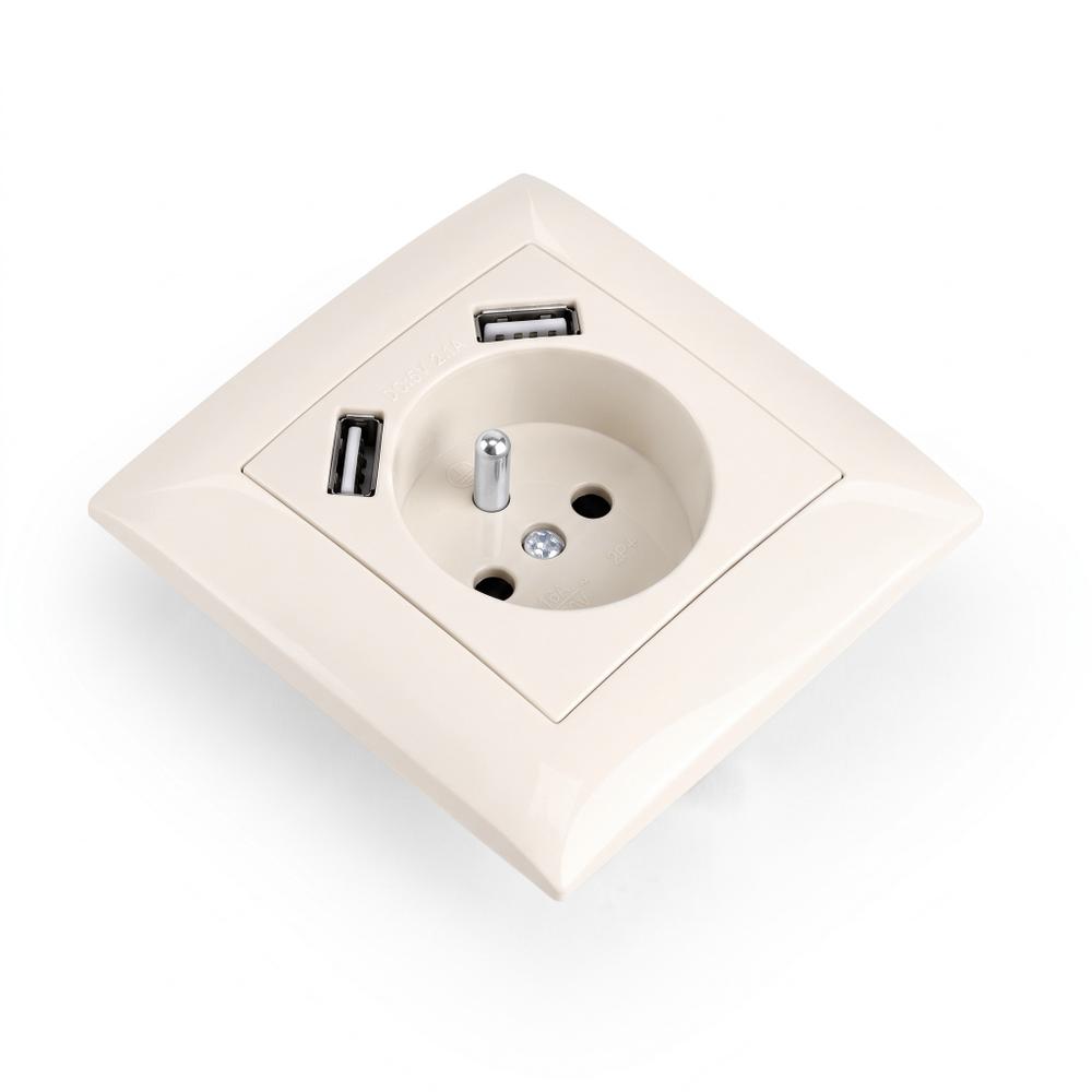 Gniazdo pojedyncze z uziemieniem + 2x USB-A z ramką OSTE JNH003-G Beżowe