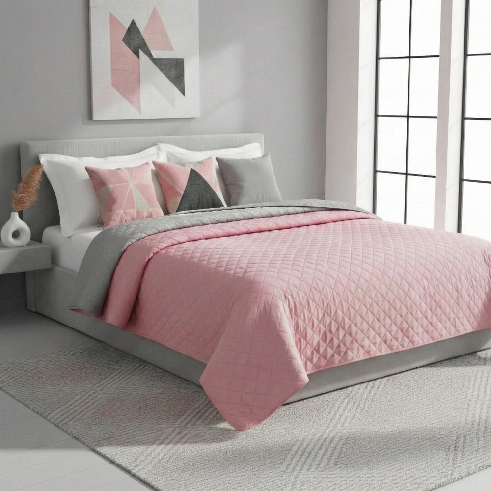 Narzuta dwustronna pikowana Inez  jasnoszary-różowy