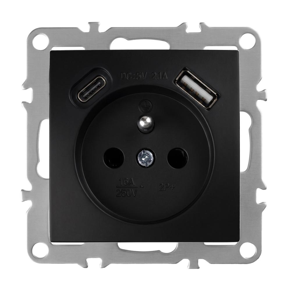Gniazdo pojedyncze z uziemieniem + USB-A USB-C OSTE JNH004-G Czarny