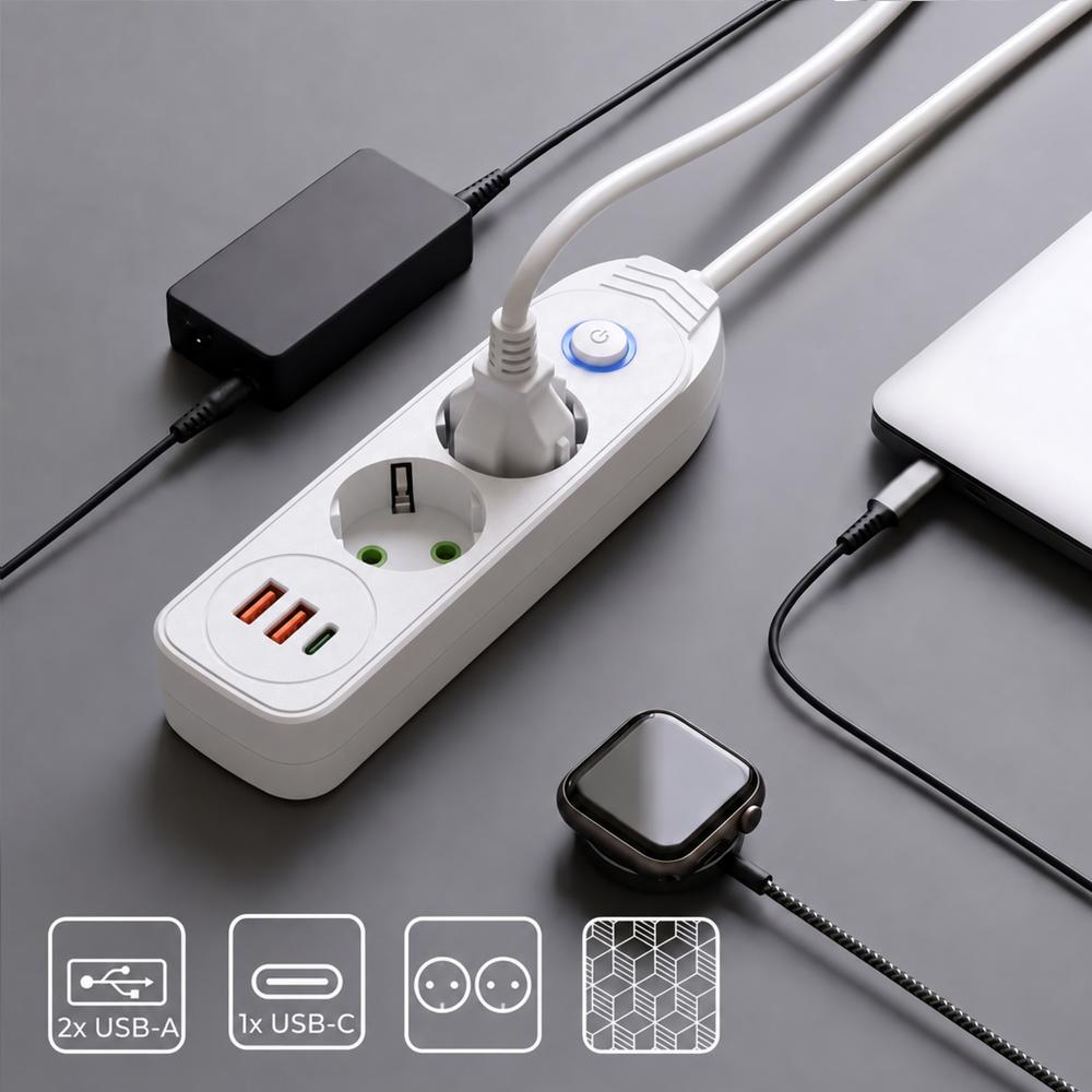 Listwa zasilająca Przedłużacz 2 gniazda + 2x USB-A + USB-C JNH023-2B Biały