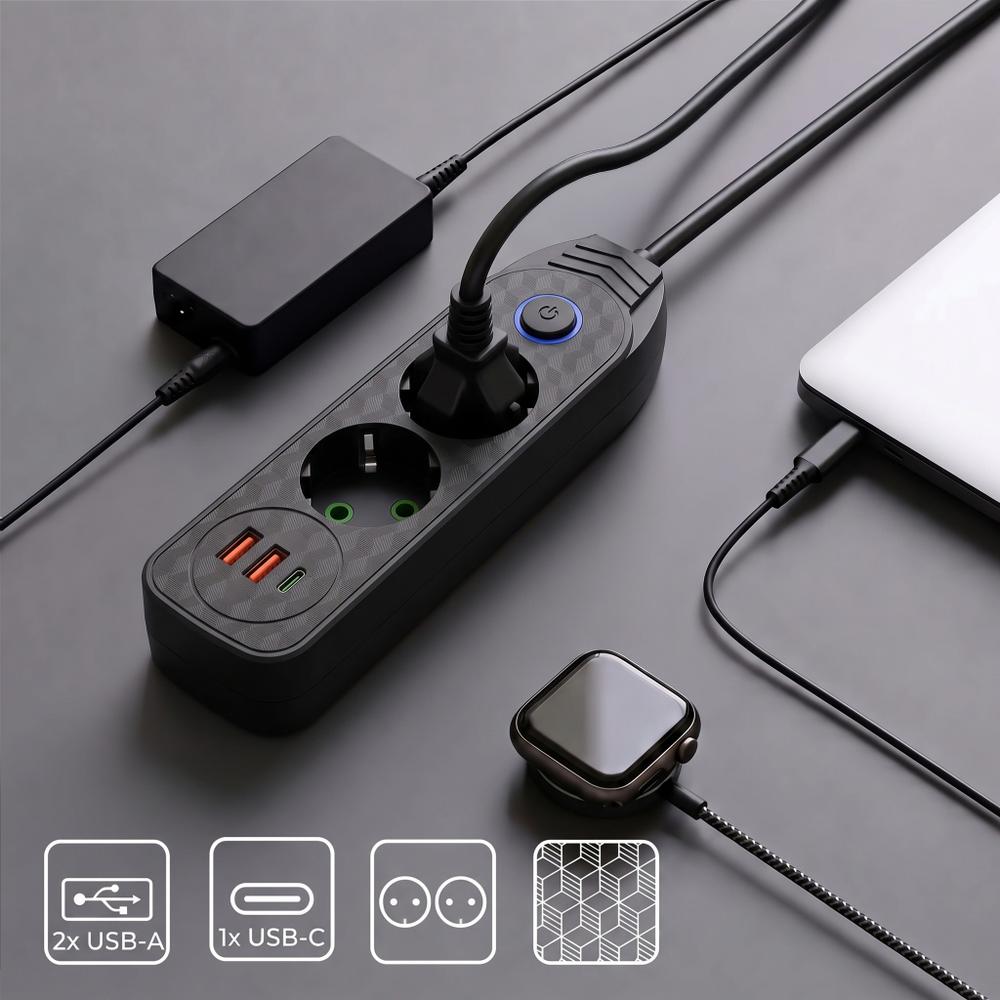 Listwa zasilająca Przedłużacz 2 gniazda + 2x USB-A + USB-C JNH023-2B Czarny