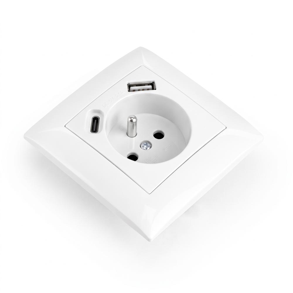 Gniazdo pojedyncze z uziemieniem + USB-A USB-C z ramką OSTE JNH004-G Białe