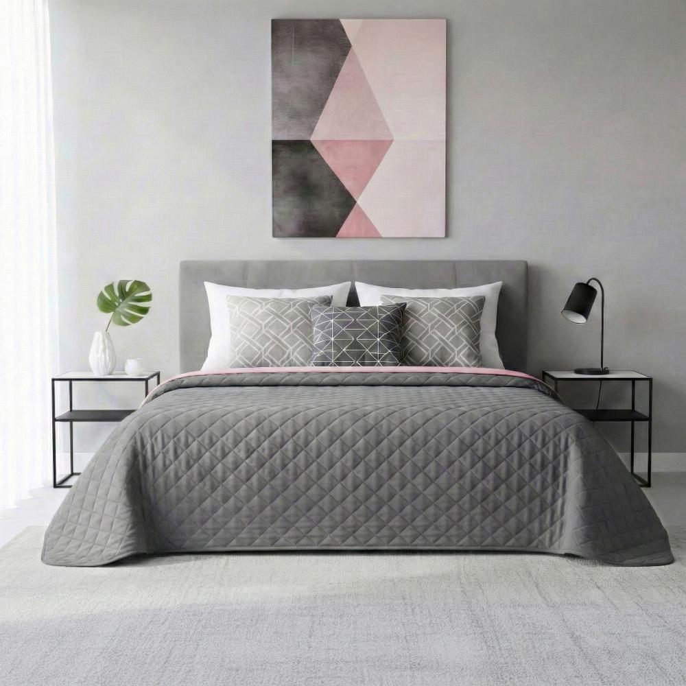 Narzuta dwustronna pikowana Inez  ciemnoszary-różowy