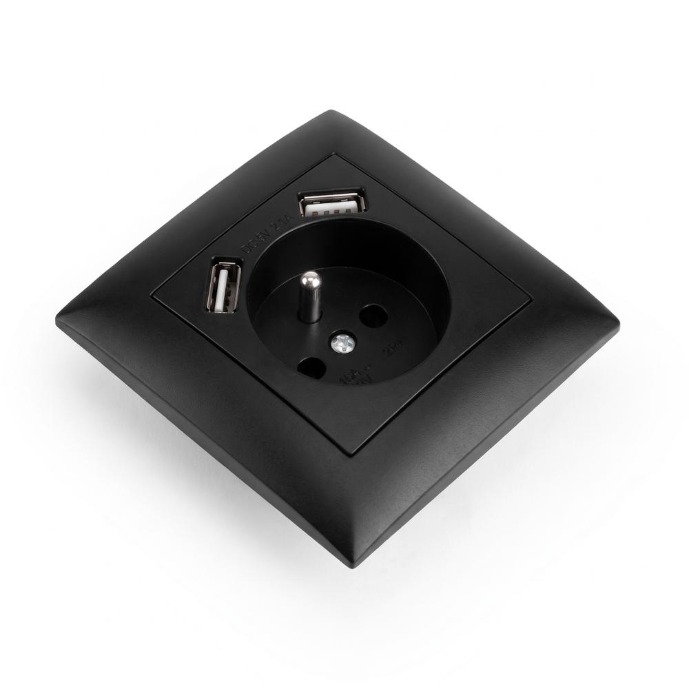 Gniazdo pojedyncze z uziemieniem + 2x USB-A z ramką OSTE JNH003-G Czarne