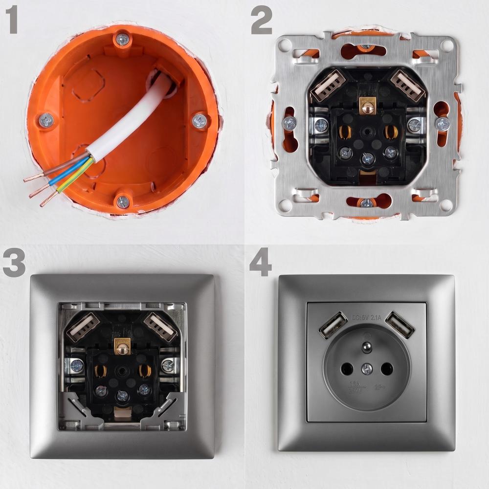 Gniazdo pojedyncze z uziemieniem + 2x USB-A z ramką OSTE JNH003-G Szare