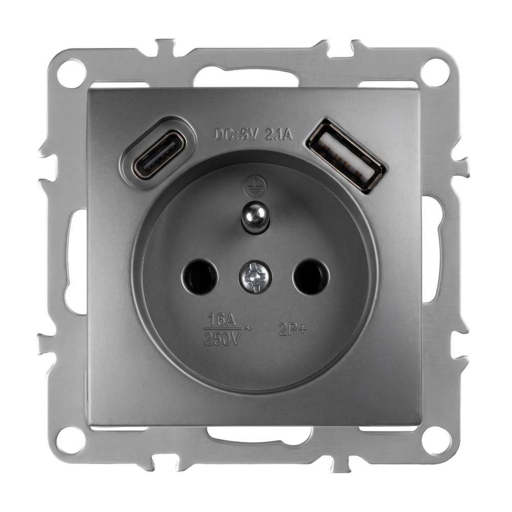 Gniazdo pojedyncze z uziemieniem + USB-A USB-C OSTE JNH004-G Szare
