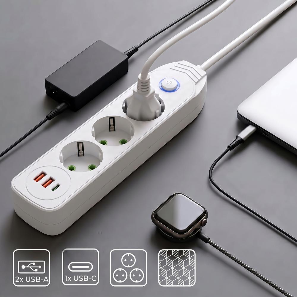 Listwa zasilająca Przedłużacz 3 gniazda + 2x USB-A + USB-C JNH024-3B Biały