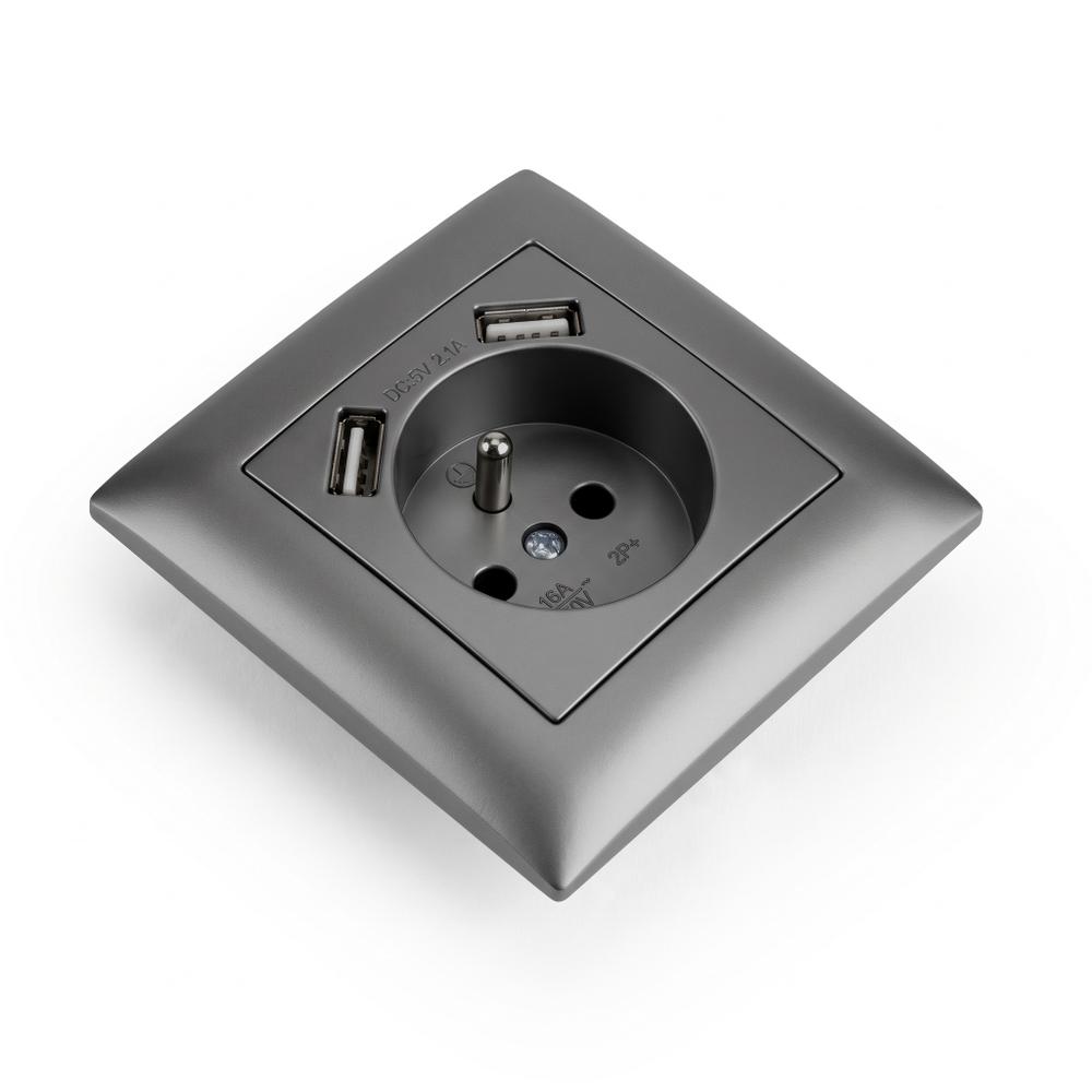 Gniazdo pojedyncze z uziemieniem + 2x USB-A z ramką OSTE JNH003-G Szare