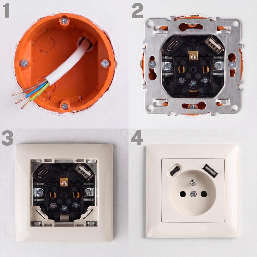 Gniazdo pojedyncze z uziemieniem + USB-A USB-C z ramką OSTE JNH004-G Beżowy