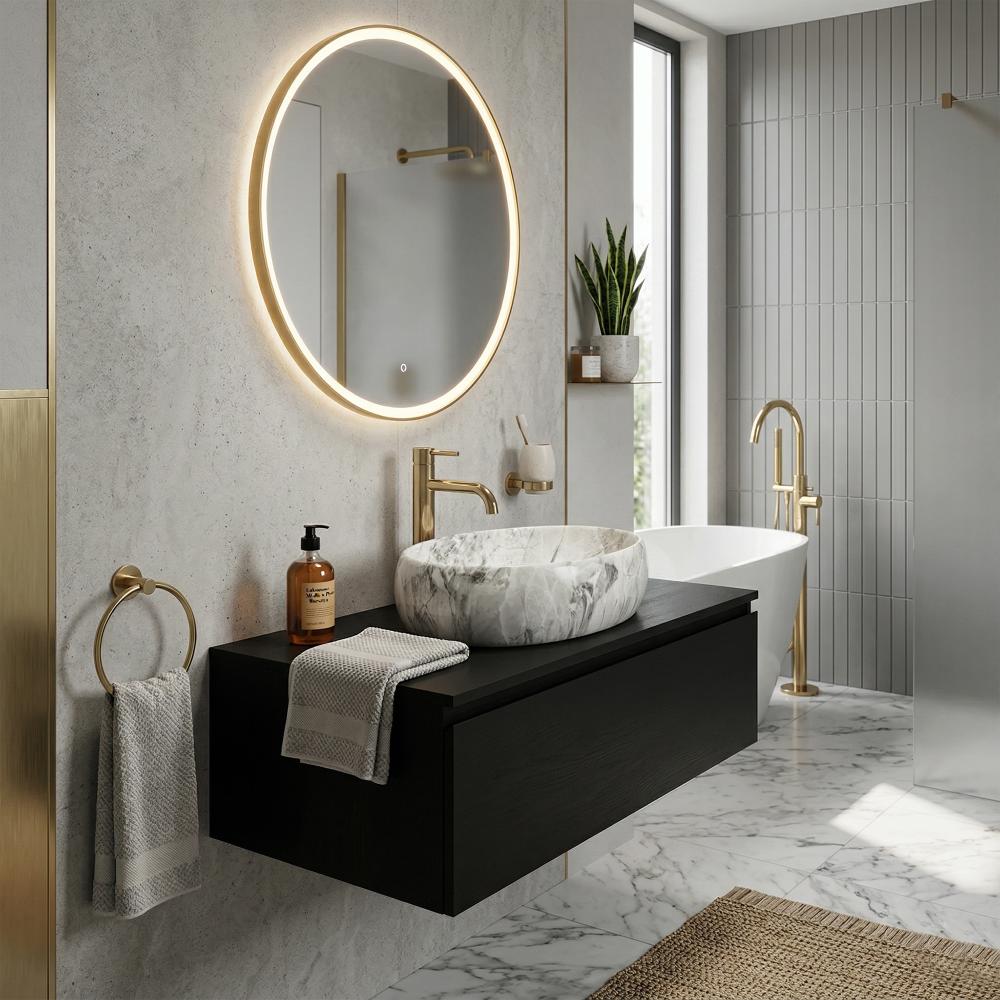 Wastafel Linda Stone + Kraan Lungo Gold High + universele plug gold