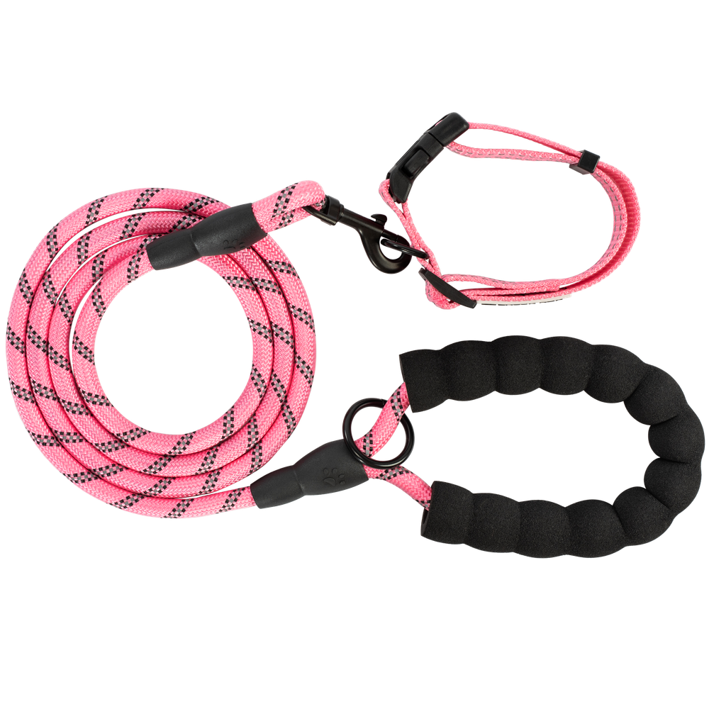 Smycz i obroża dla psa odblaskowa PJ-036 Różowa