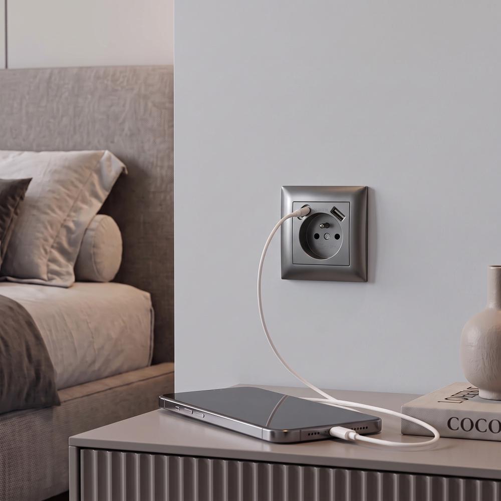 Gniazdo pojedyncze z uziemieniem + USB-A USB-C OSTE JNH004-G Szare