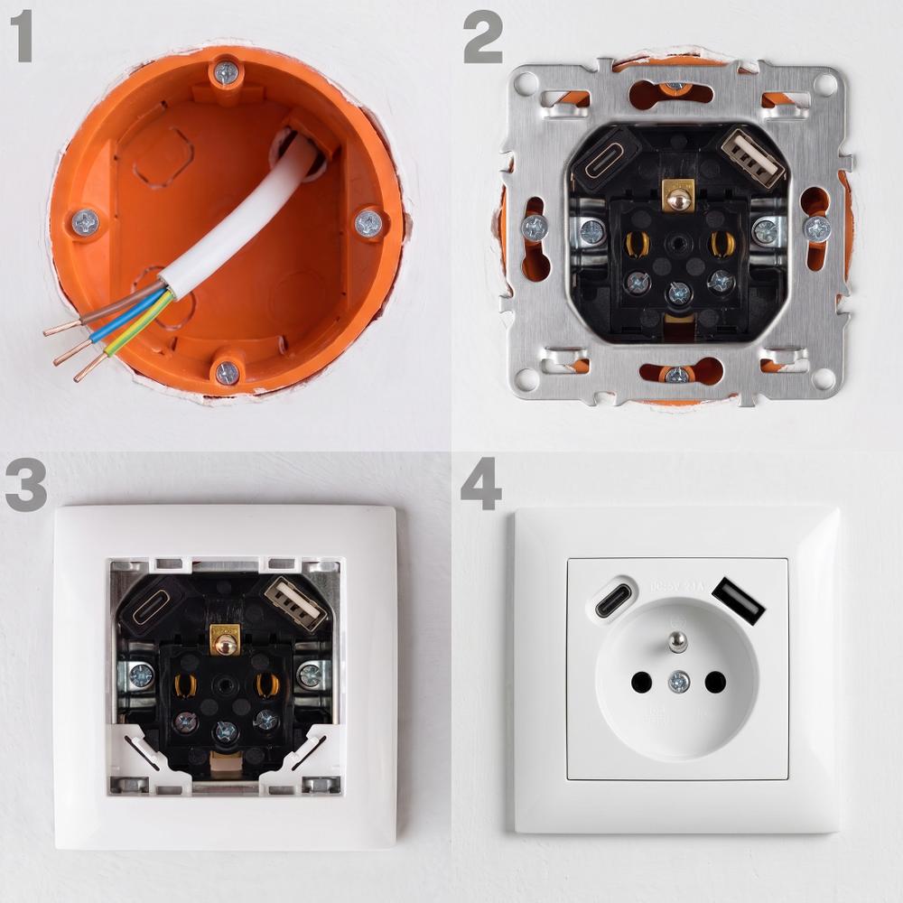 Gniazdo pojedyncze z uziemieniem + USB-A USB-C z ramką OSTE JNH004-G Białe