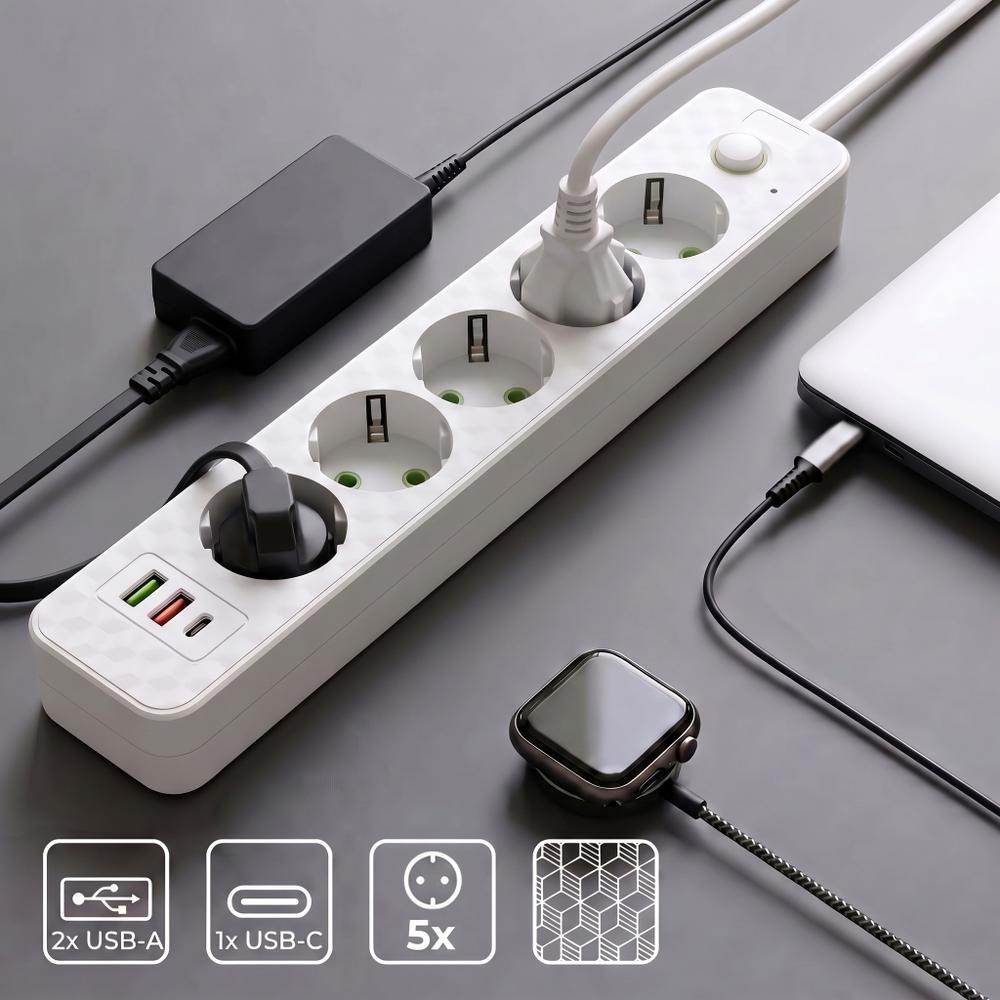 Listwa zasilająca Przedłużacz 5 gniazd + 2x USB-A + USB-C JNH022-5A Biały