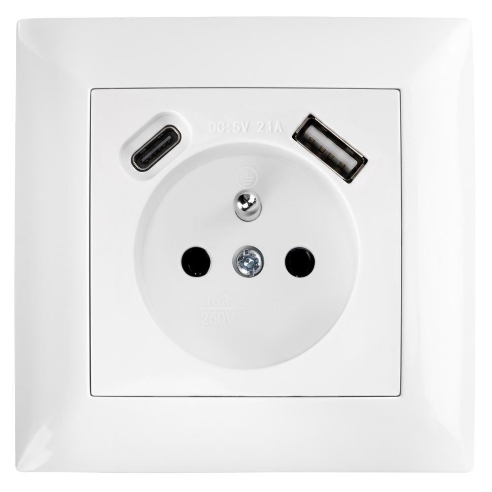 Gniazdo pojedyncze z uziemieniem + USB-A USB-C z ramką OSTE JNH004-G Białe