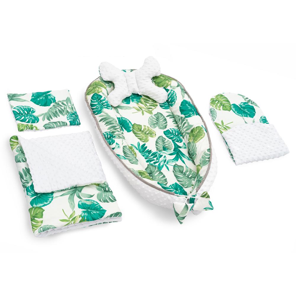 Kokon do wózka, materac, poduszka, kocyk  5w1 Jungle Leaves Green
