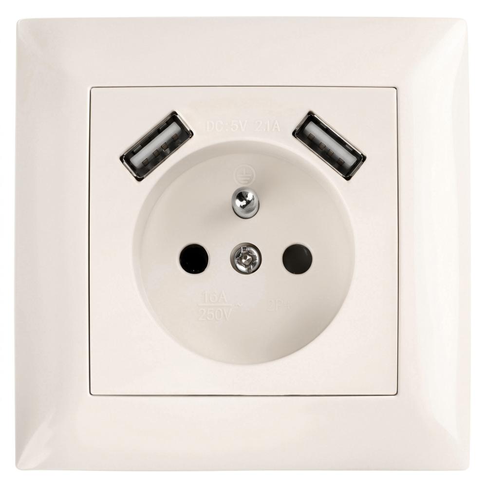 Gniazdo pojedyncze z uziemieniem + 2x USB-A z ramką OSTE JNH003-G Beżowe
