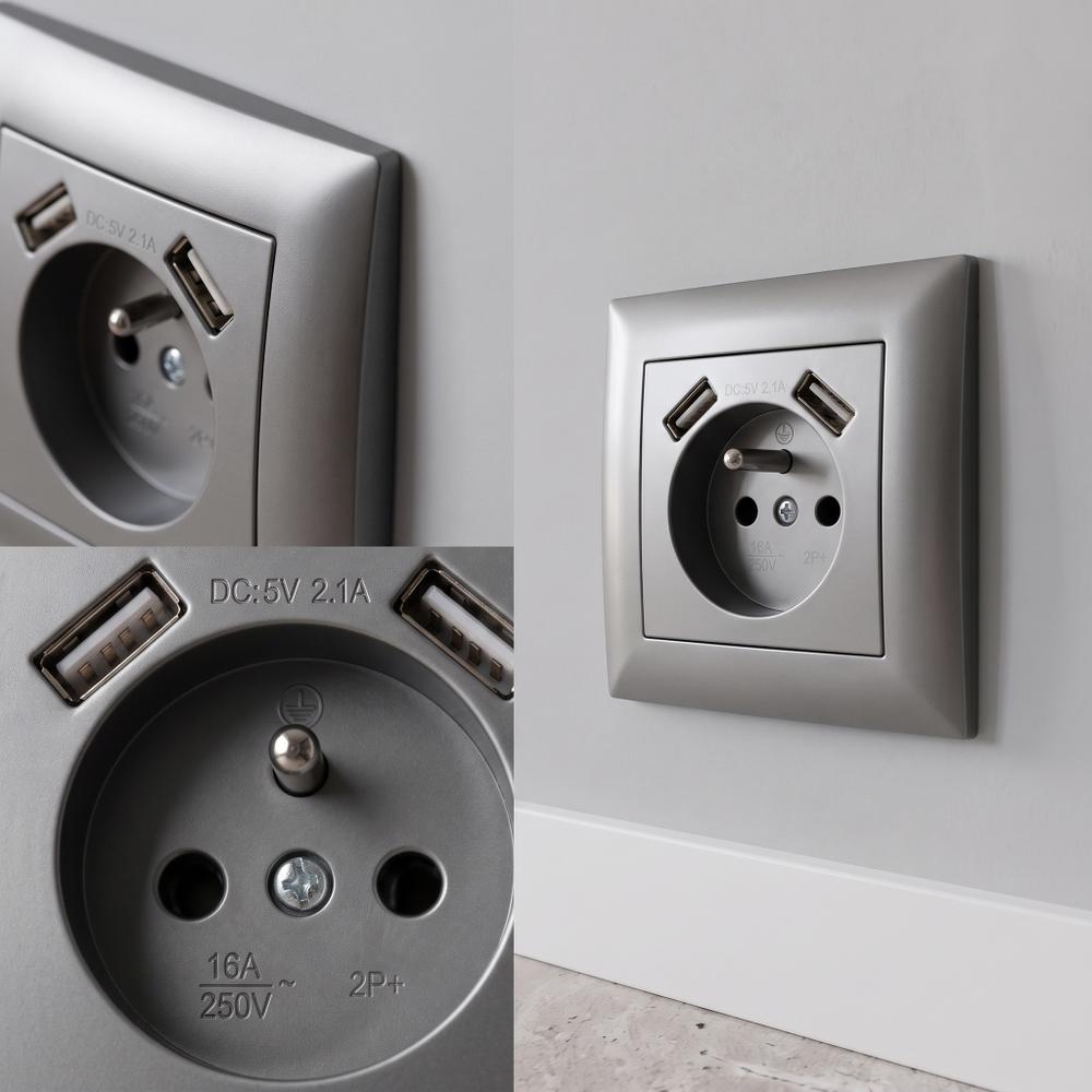 Gniazdo pojedyncze z uziemieniem + 2x USB-A OSTE JNH003-G Szare