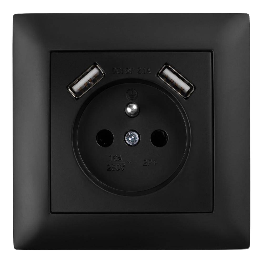 Gniazdo pojedyncze z uziemieniem + 2x USB-A z ramką OSTE JNH003-G Czarne