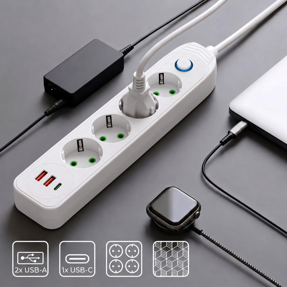 Listwa zasilająca Przedłużacz 4 gniazda + 2x USB-A + USB-C JNH025-4B Biały