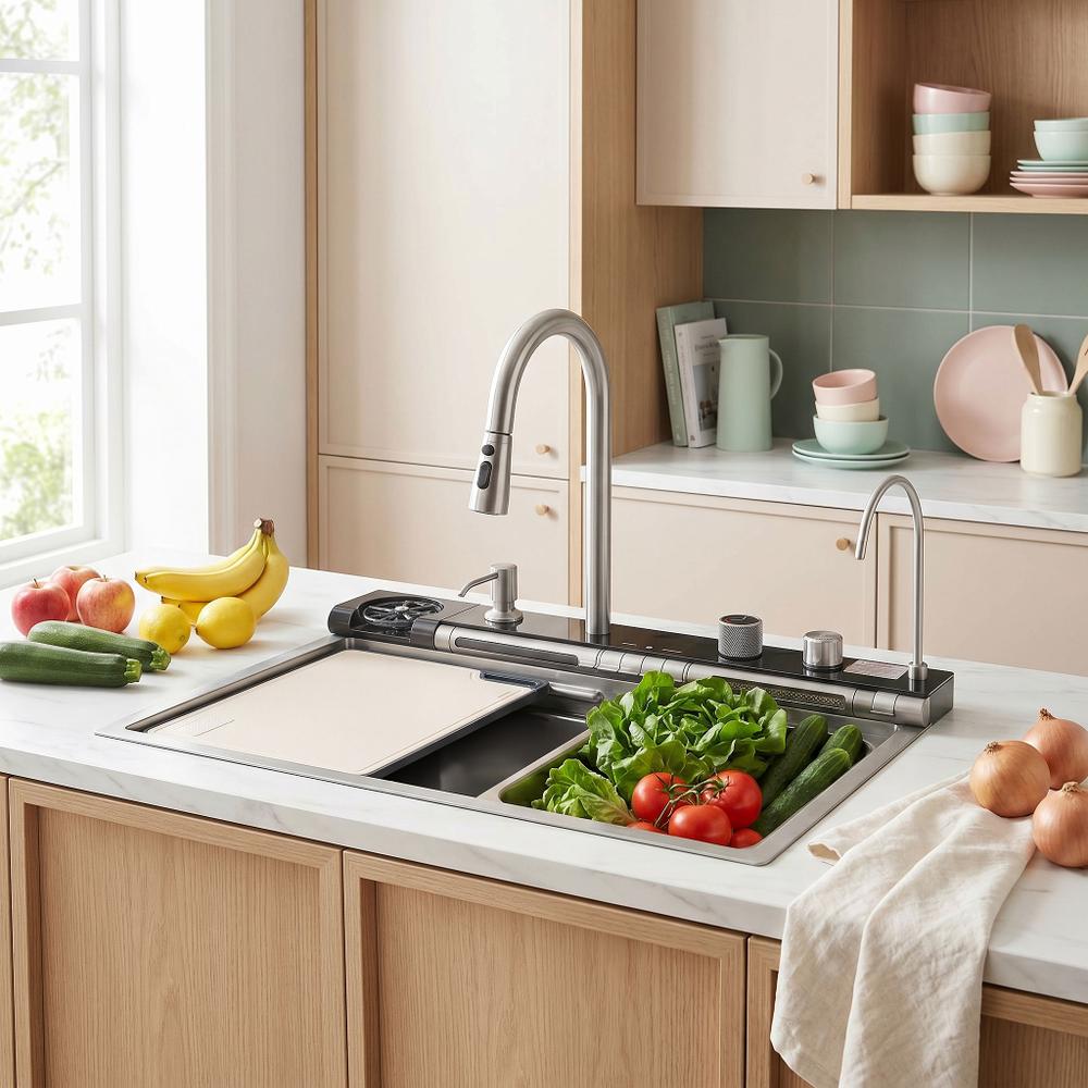 Wielofunkcyjny zlewozmywak stalowy 10w1 REA Alonzo Nikiel Szczotkowany