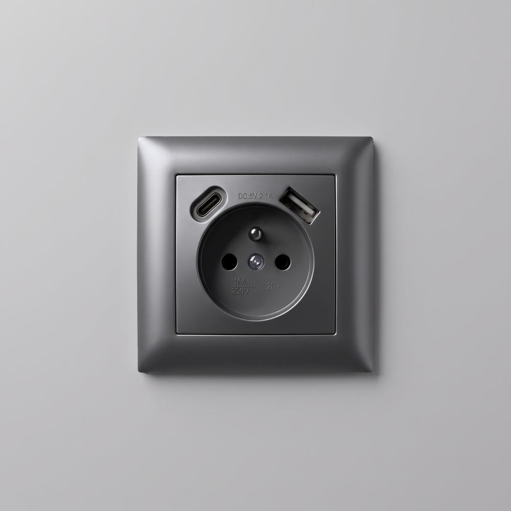 Gniazdo pojedyncze z uziemieniem + USB-A USB-C OSTE JNH004-G Szare