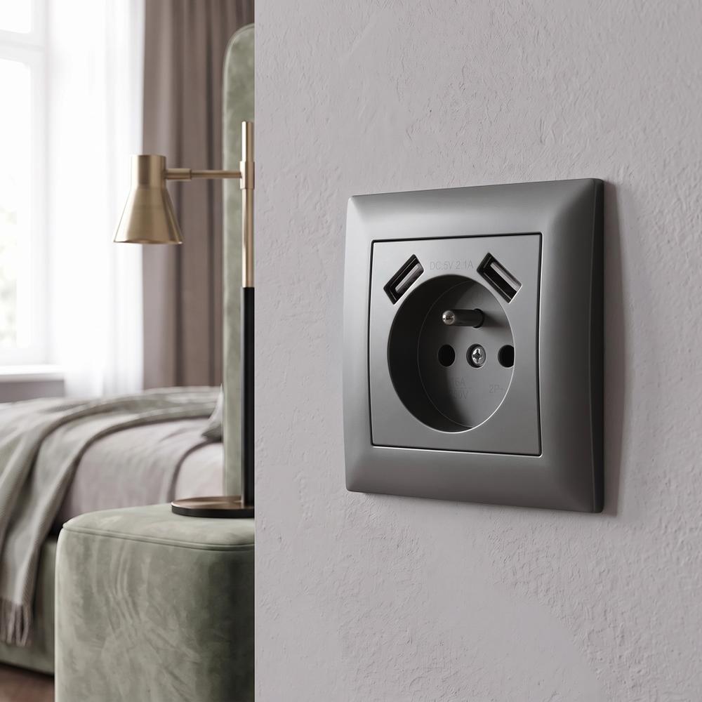 Gniazdo pojedyncze z uziemieniem + 2x USB-A z ramką OSTE JNH003-G Szare