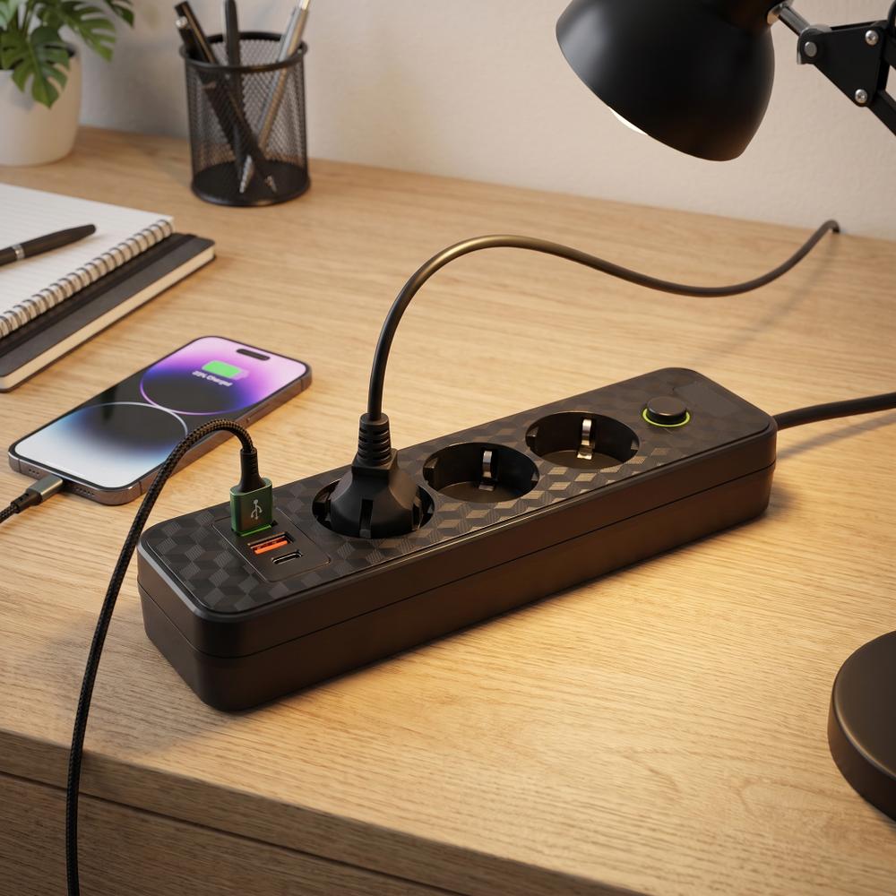 Listwa zasilająca Przedłużacz 3 gniazda + 2x USB-A + USB-C JNH020-3A Czarny