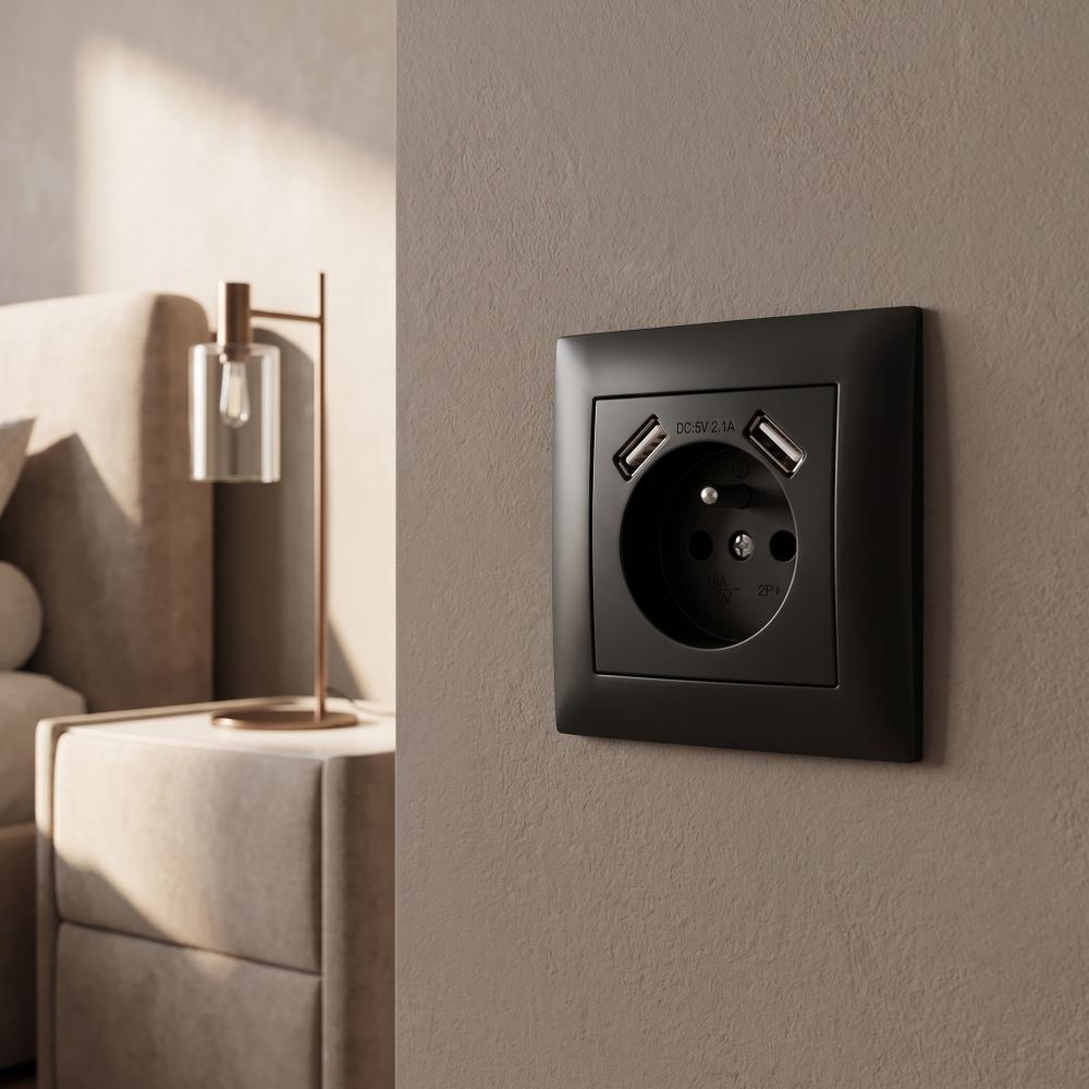 Gniazdo pojedyncze z uziemieniem + 2x USB-A z ramką OSTE JNH003-G Czarne