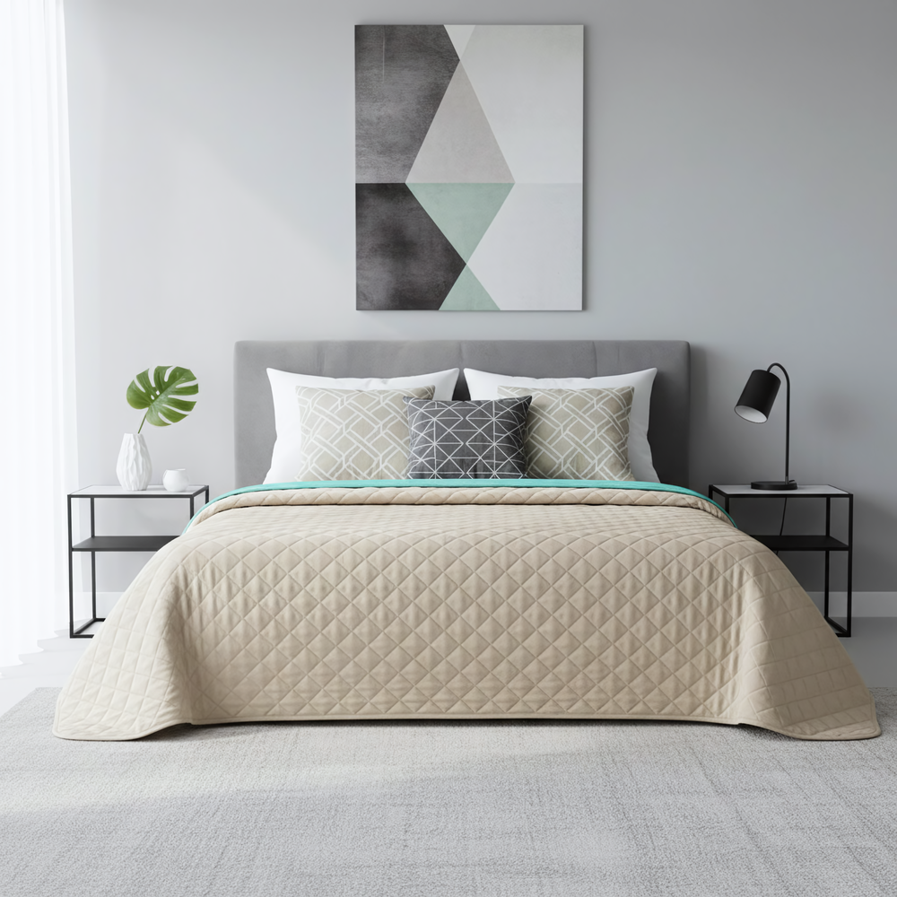 Narzuta dwustronna pikowana Inez beżowo-miętowy