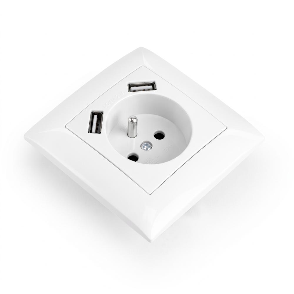 Gniazdo pojedyncze z uziemieniem + 2x USB-A z ramką OSTE JNH003-G Białe