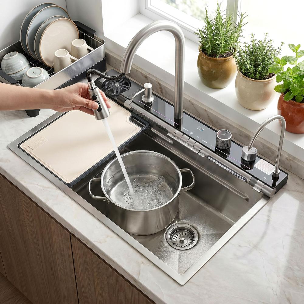 Wielofunkcyjny zlewozmywak stalowy 10w1 REA Alonzo Nikiel Szczotkowany