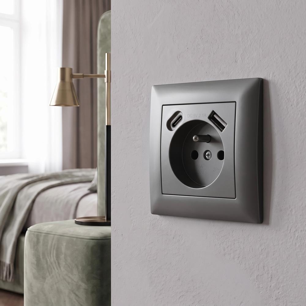 Gniazdo pojedyncze z uziemieniem + USB-A USB-C z ramką OSTE JNH004-G Szare