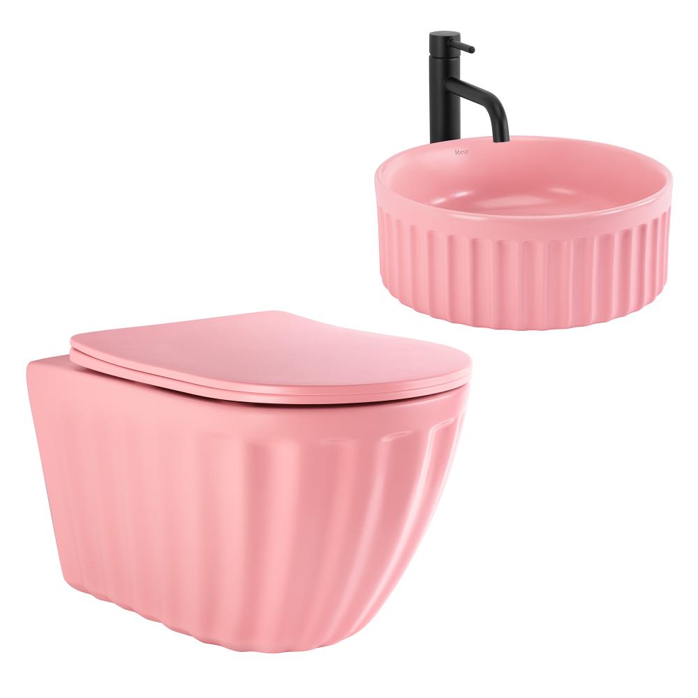Set: Wall-hung toilet bowl + Countertop washbasin Rea Light Pink Matt