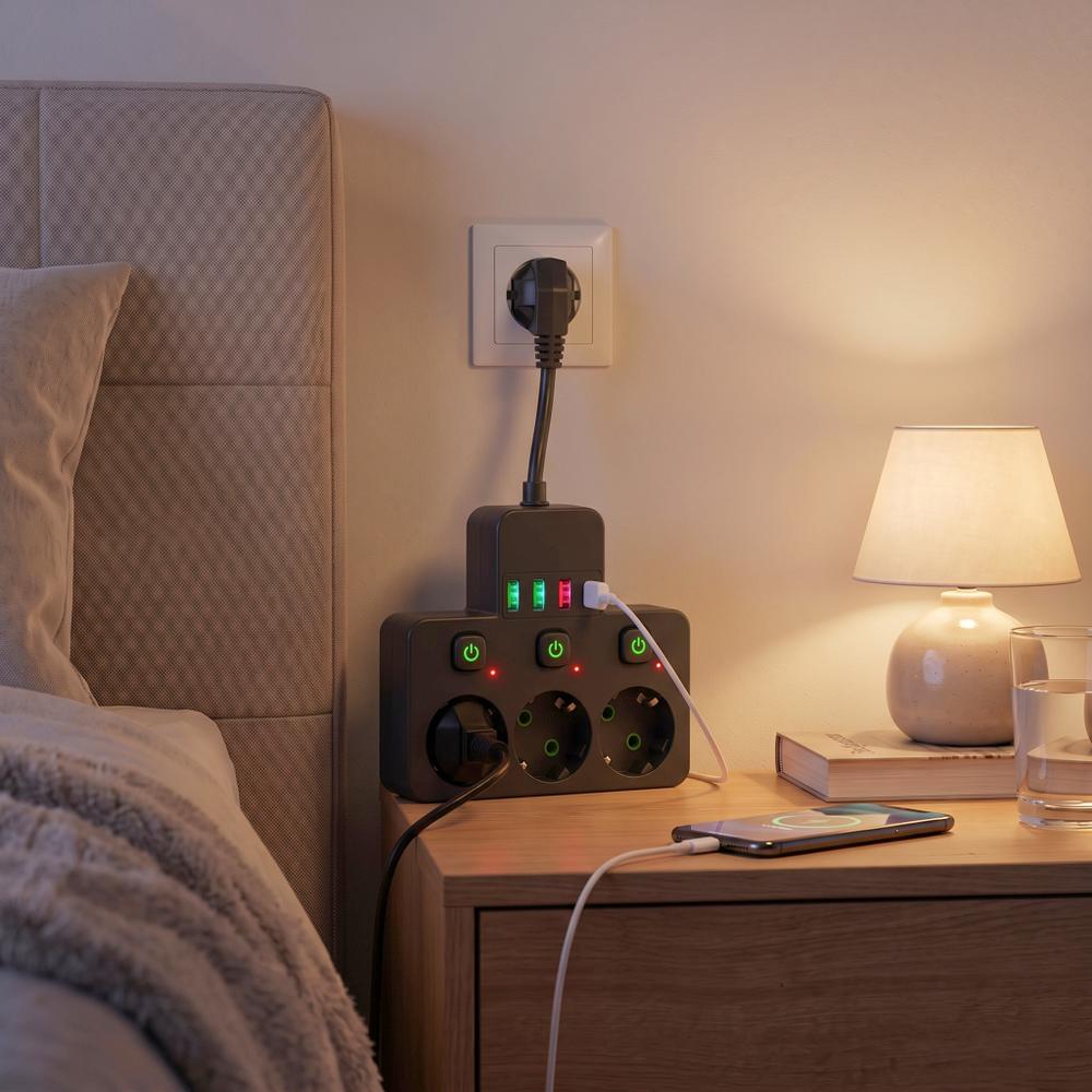 Listwa zasilająca 3 gniazda + 3x USB-A + USB-C JNH018 Czarna