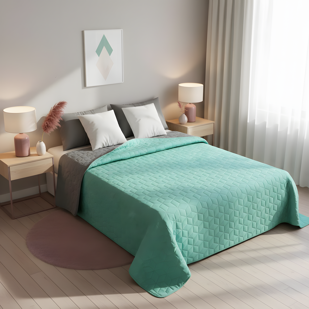 Narzuta dwustronna pikowana Diamante Mint / L.Grey