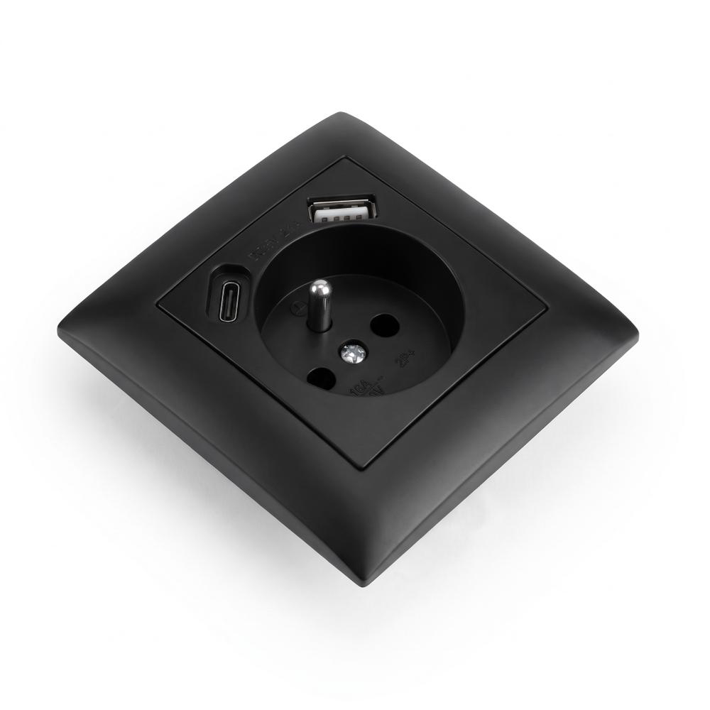 Gniazdo pojedyncze z uziemieniem + USB-A USB-C z ramką OSTE JNH004-G Czarny
