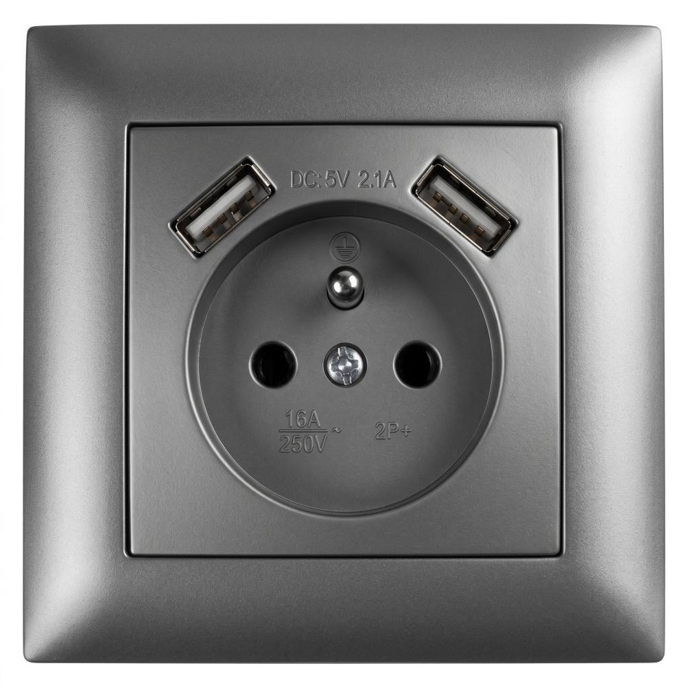 Gniazdo pojedyncze z uziemieniem + 2x USB-A z ramką OSTE JNH003-G Szare