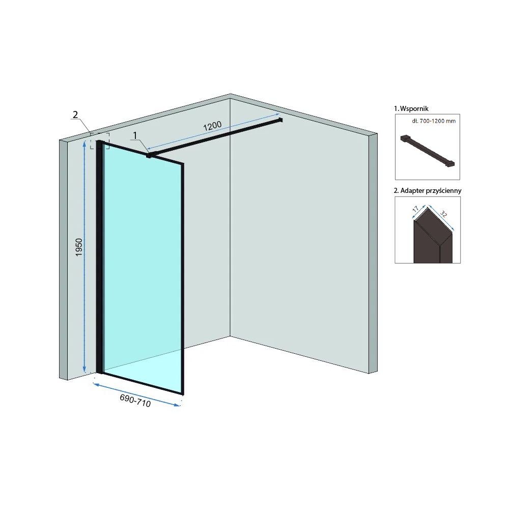 Duschwand Rea Bler 70 mit Brett und Handtuchhalter Evo