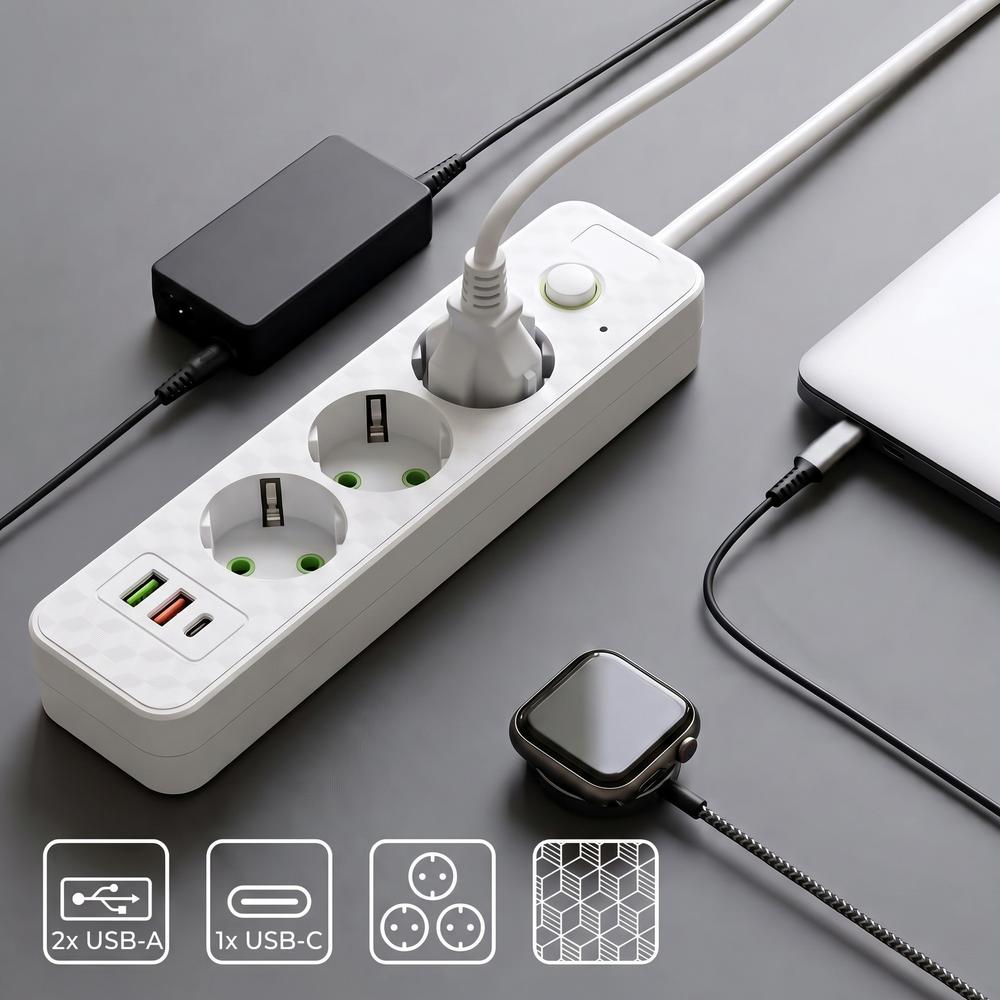 Listwa zasilająca Przedłużacz 3 gniazda + 2x USB-A + USB-C JNH020-3A Biały