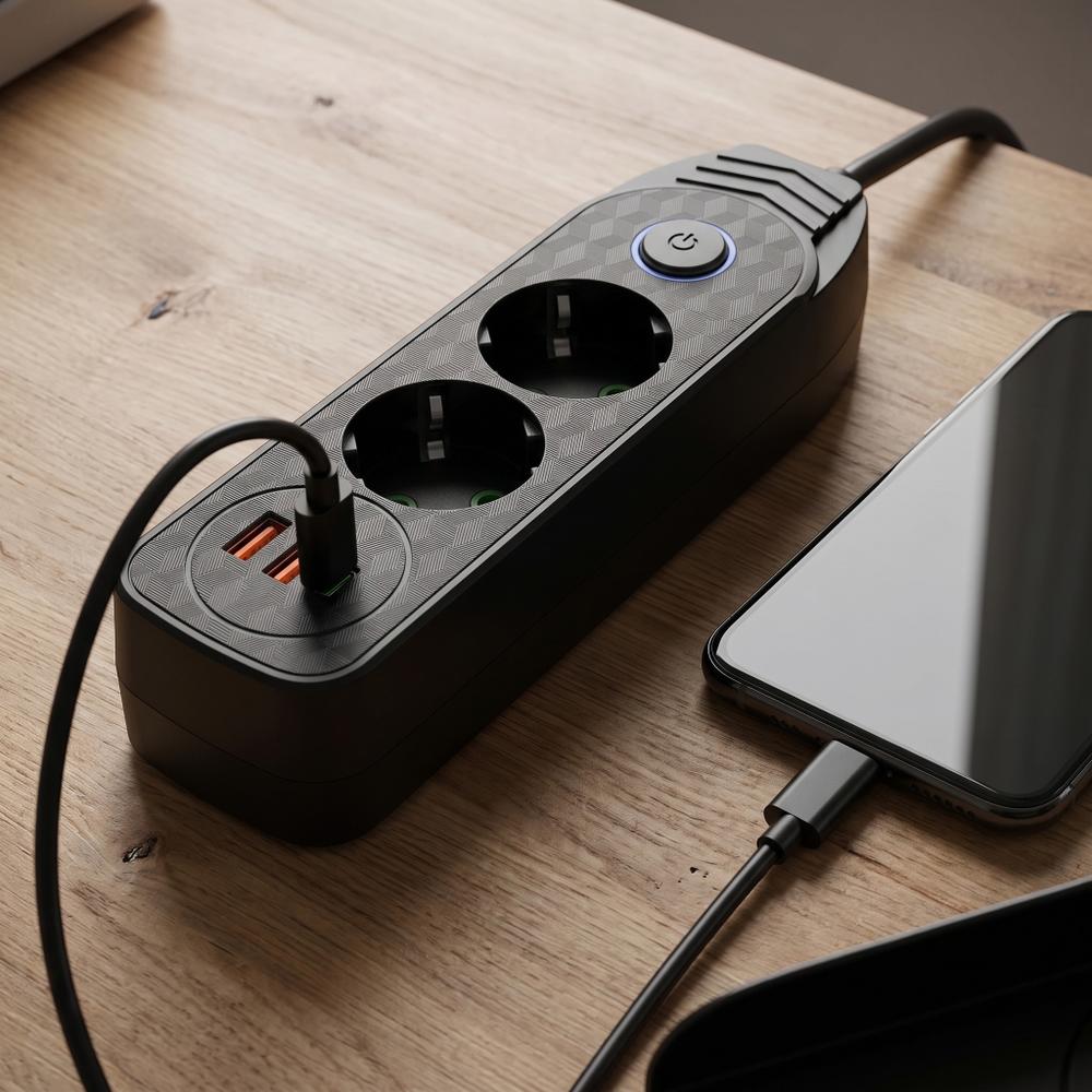 Listwa zasilająca Przedłużacz 2 gniazda + 2x USB-A + USB-C JNH023-2B Czarny
