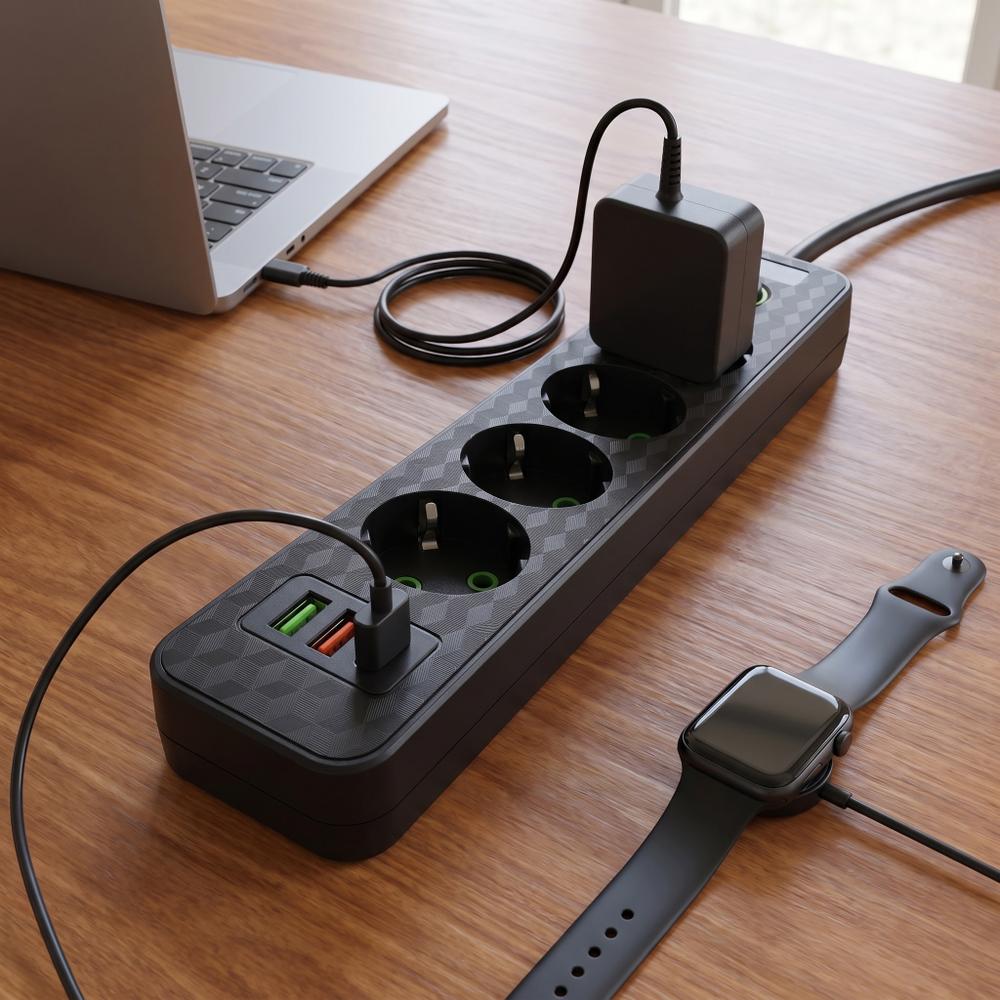 Listwa zasilająca Przedłużacz 4 gniazda + 2x USB-A + USB-C JNH021-4A Czarny