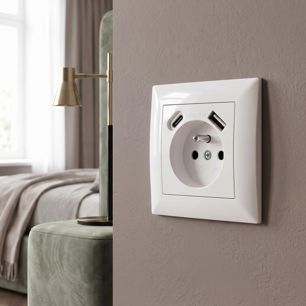 Gniazdo pojedyncze z uziemieniem + USB-A USB-C z ramką OSTE JNH004-G Białe