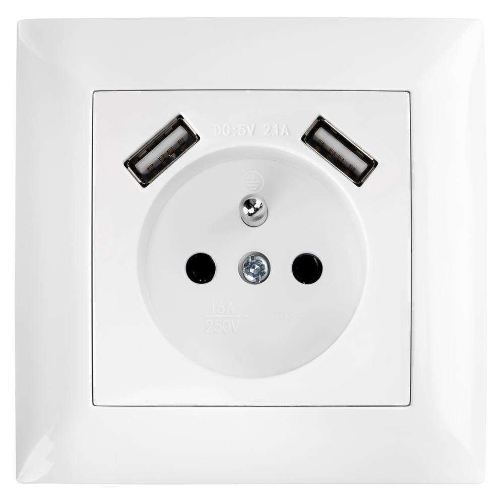 Gniazdo pojedyncze z uziemieniem + 2x USB-A z ramką OSTE JNH003-G Białe