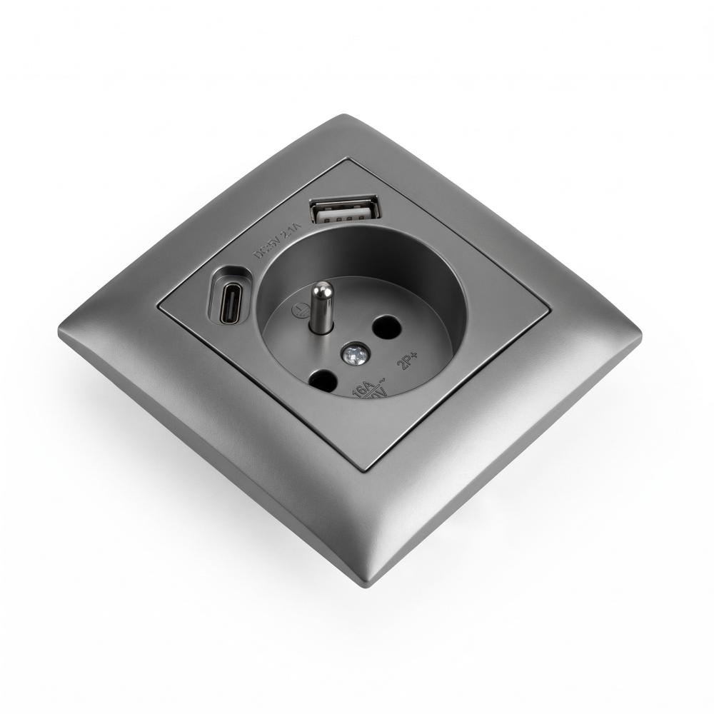 Gniazdo pojedyncze z uziemieniem + USB-A USB-C z ramką OSTE JNH004-G Szare