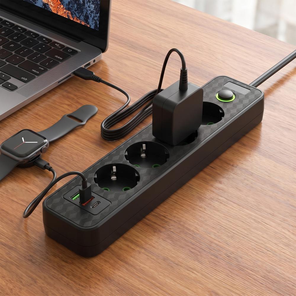 Listwa zasilająca Przedłużacz 4 gniazda + 2x USB-A + USB-C JNH021-4A Czarny